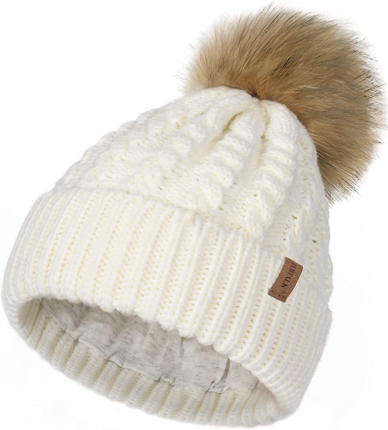 Furtalk wooly hat for women or men cable knitted bobble winter hat. Warm double layer fleece lining detachable pom pom wooly cap