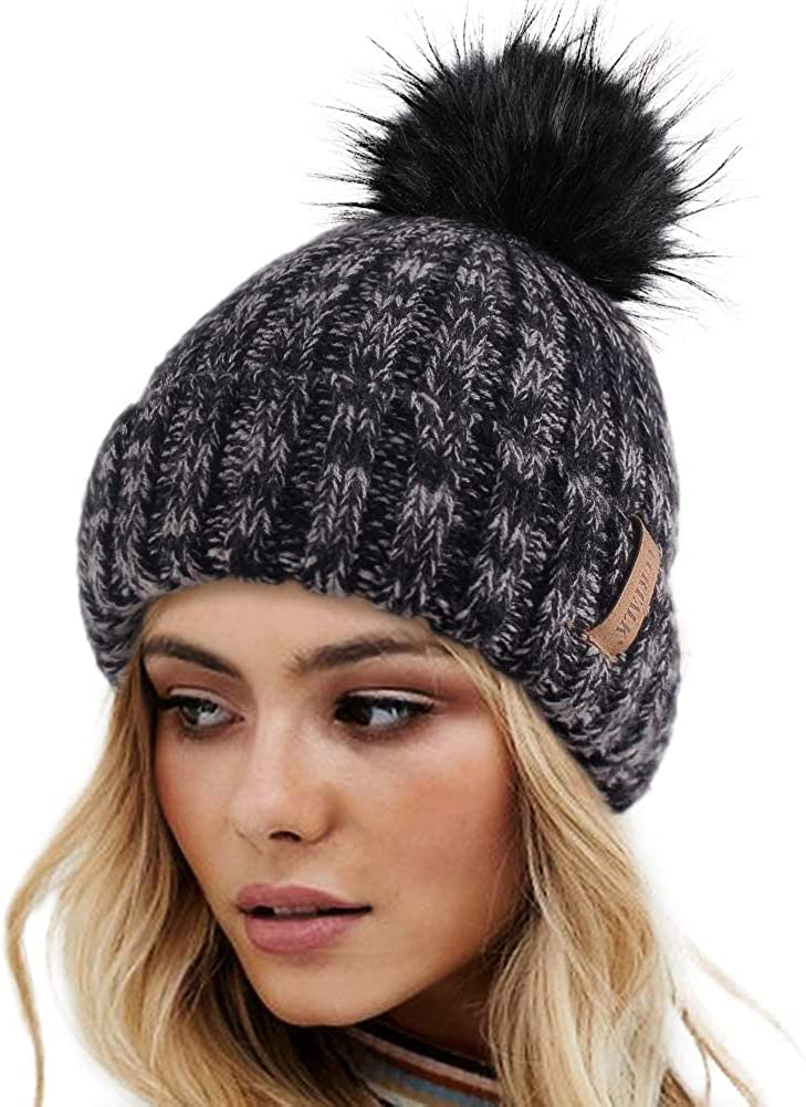 Furtalk wooly hat for women or men cable knitted bobble winter hat. Warm double layer fleece lining detachable pom pom wooly cap