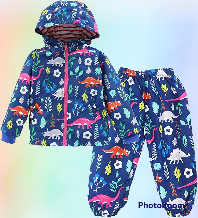 Toddler Boys or Girls Waterproof Raincoat Hooded Jacket Dinosaur Coat & Pants Suit