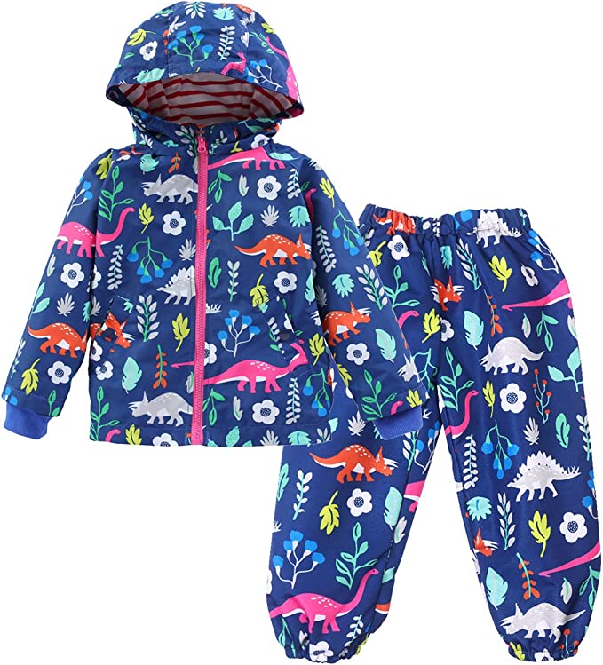 Toddler Boys or Girls Waterproof Raincoat Hooded Jacket Dinosaur Coat & Pants Suit