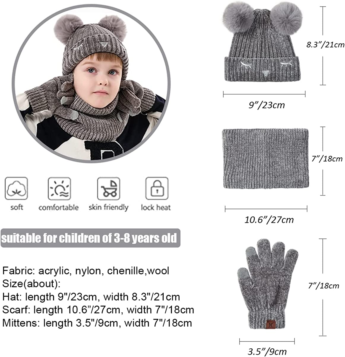 3pcs kids hat scarf gloves set super soft, age 5-10 with warm fleece lin pom poms beanie touchscreen gloves and loop scarf