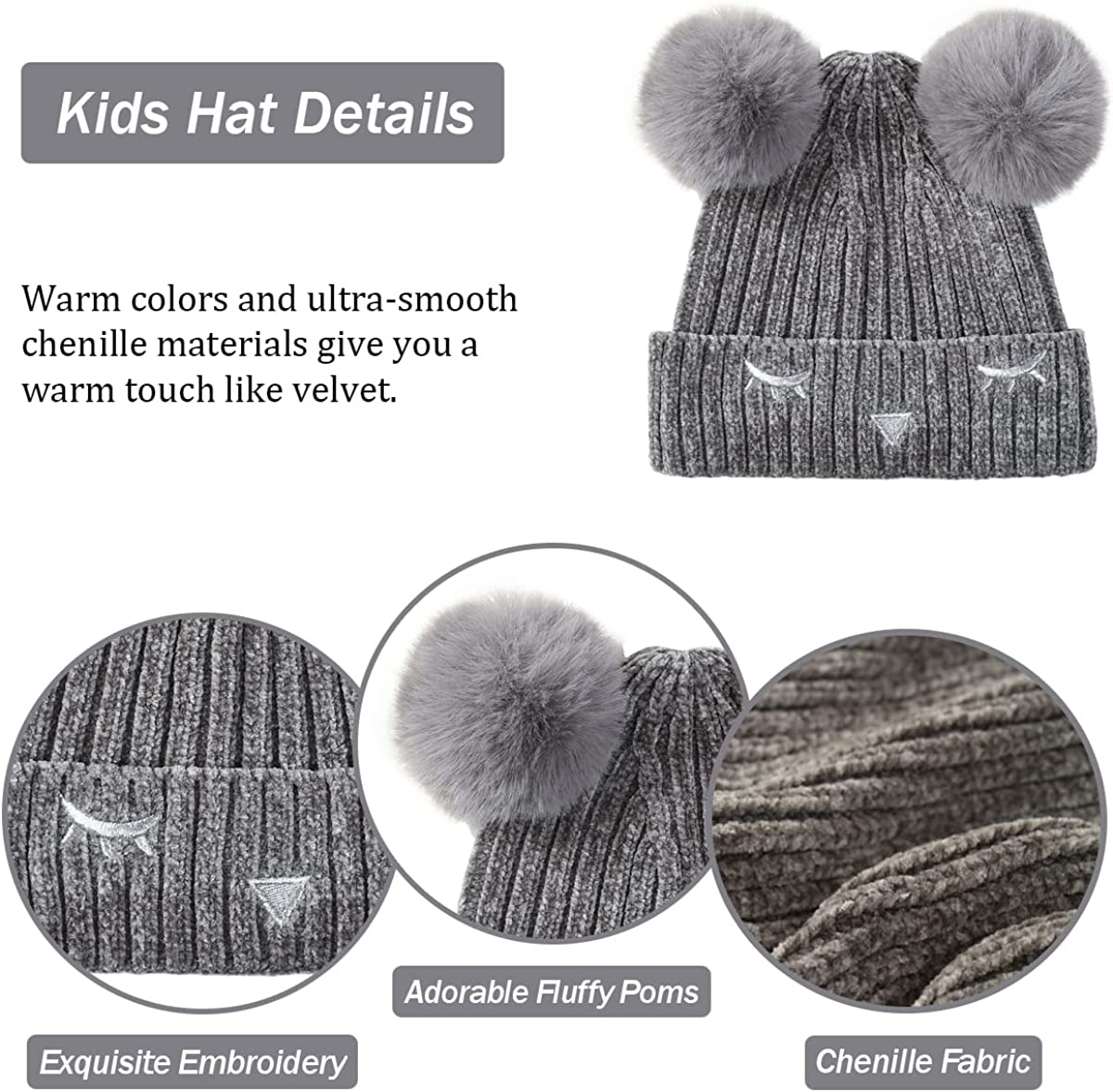 3pcs kids hat scarf gloves set super soft, age 5-10 with warm fleece lin pom poms beanie touchscreen gloves and loop scarf
