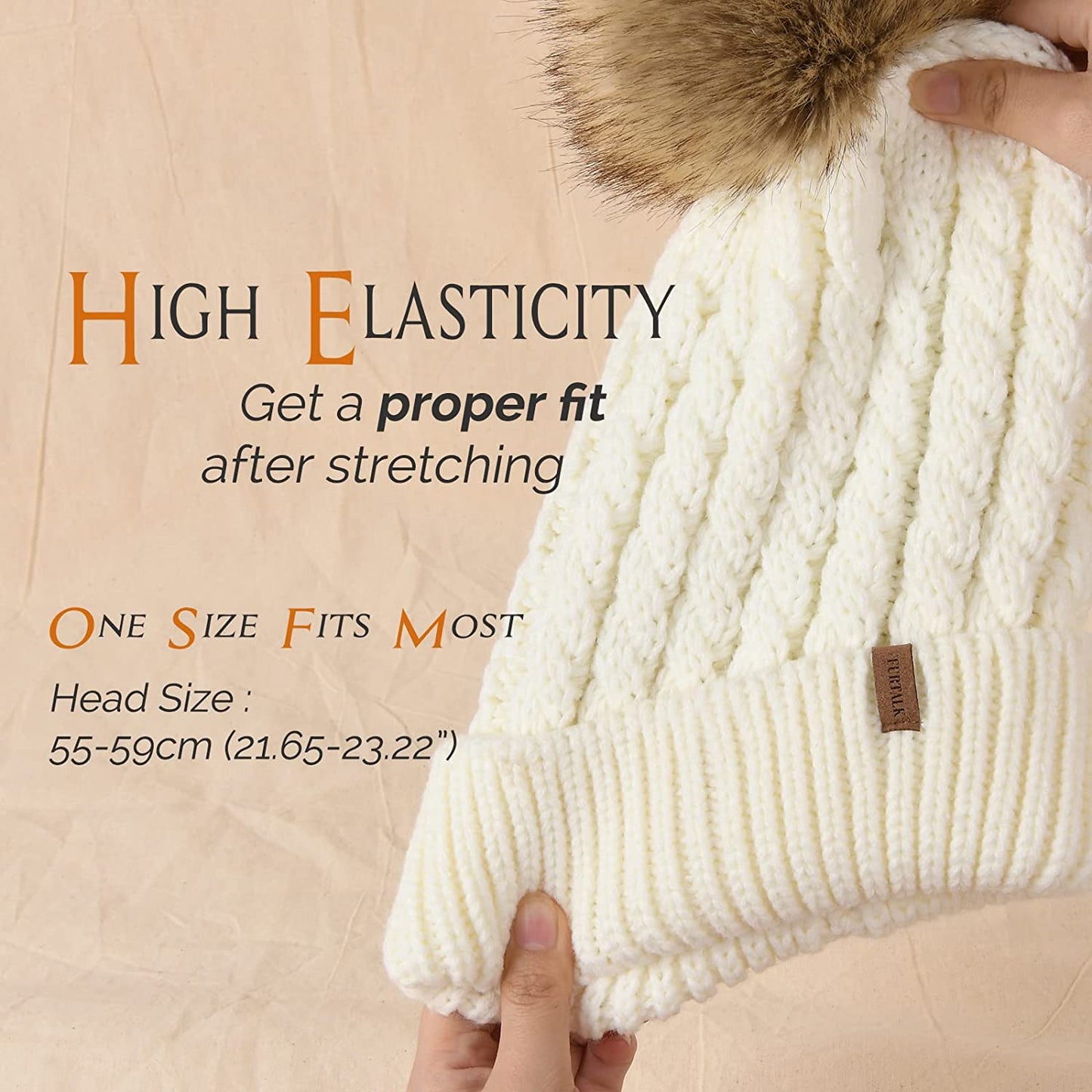 Furtalk wooly hat for women or men cable knitted bobble winter hat. Warm double layer fleece lining detachable pom pom wooly cap