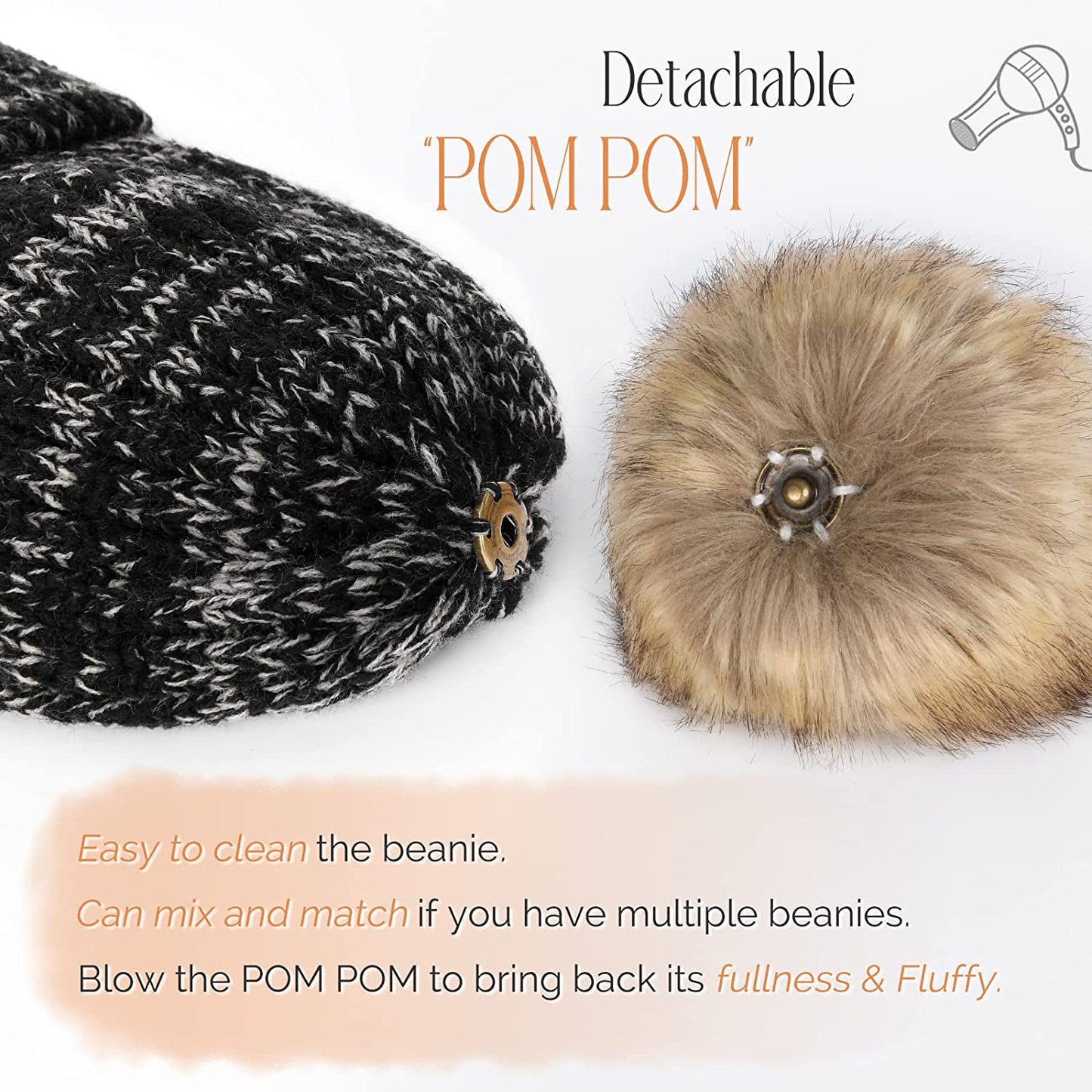 Furtalk wooly hat for women or men cable knitted bobble winter hat. Warm double layer fleece lining detachable pom pom wooly cap