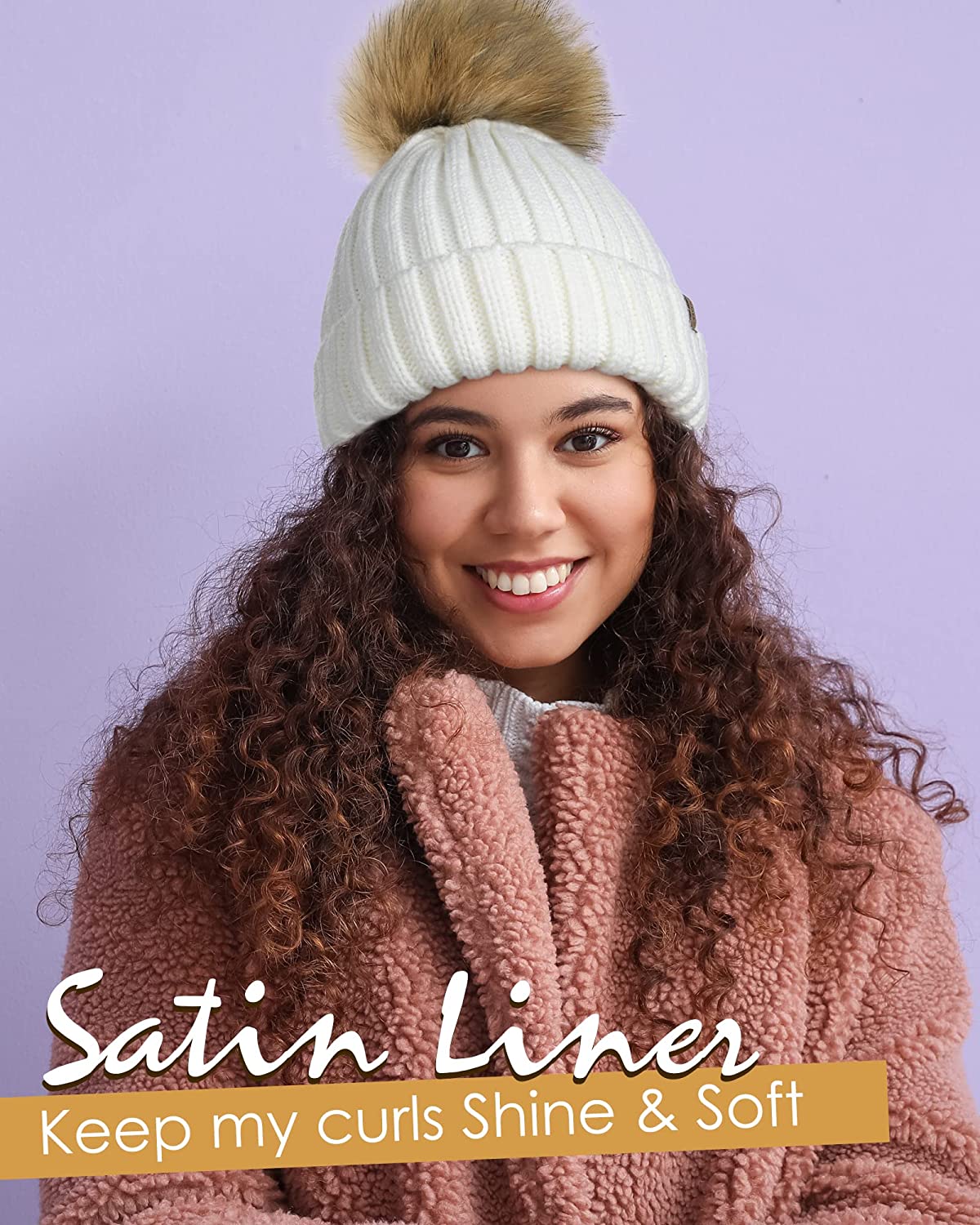 Furtalk wooly hat for women or men cable knitted bobble winter hat. Warm double layer fleece lining detachable pom pom wooly cap