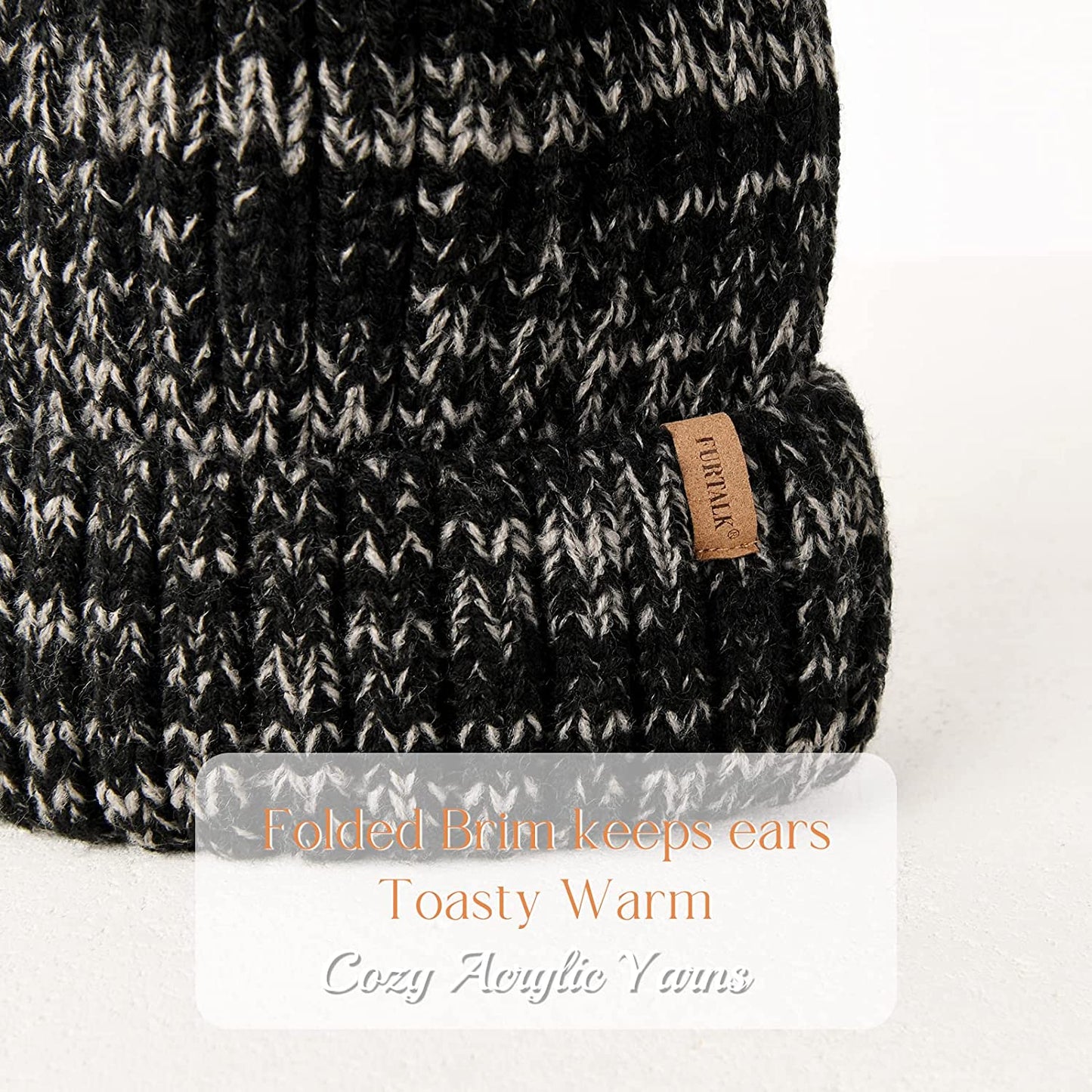 Furtalk wooly hat for women or men cable knitted bobble winter hat. Warm double layer fleece lining detachable pom pom wooly cap