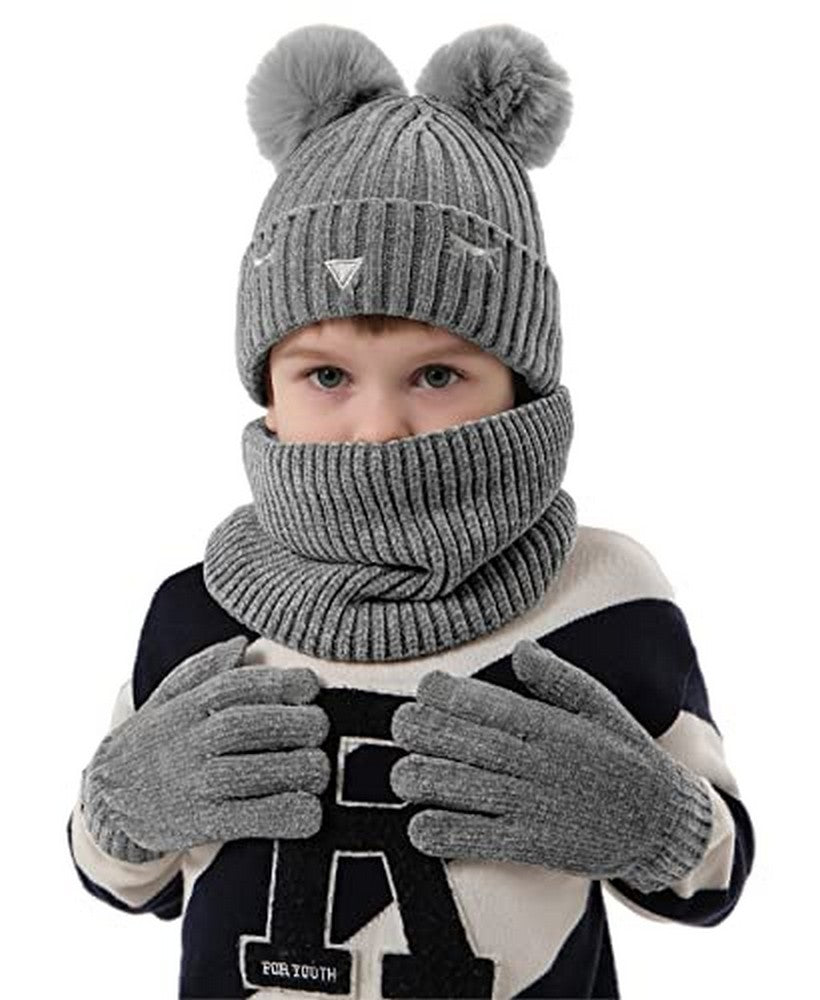 3pcs kids hat scarf gloves set super soft, age 5-10 with warm fleece lin pom poms beanie touchscreen gloves and loop scarf
