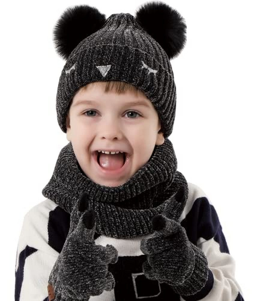 3pcs kids hat scarf gloves set super soft, age 5-10 with warm fleece lin pom poms beanie touchscreen gloves and loop scarf