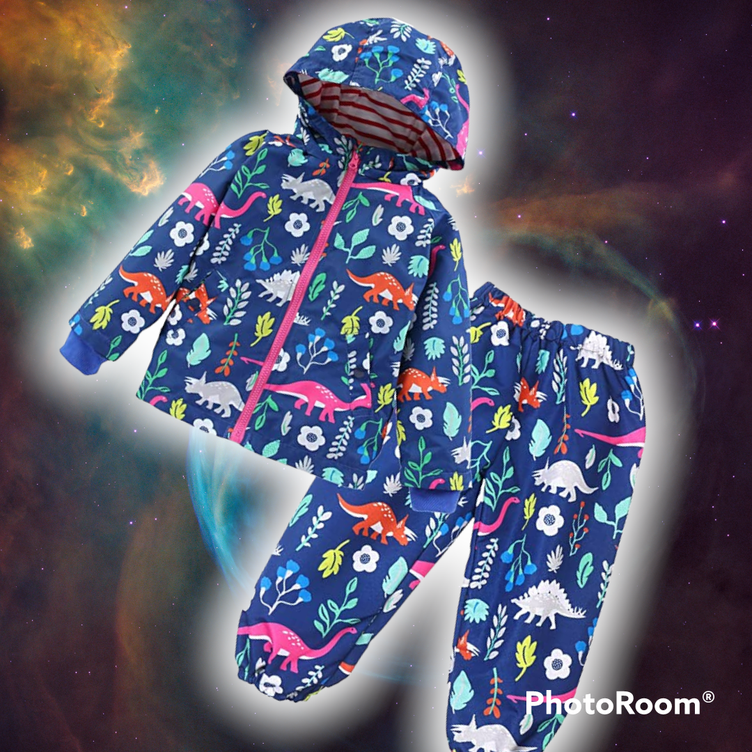 Toddler Boys or Girls Waterproof Raincoat Hooded Jacket Dinosaur Coat & Pants Suit