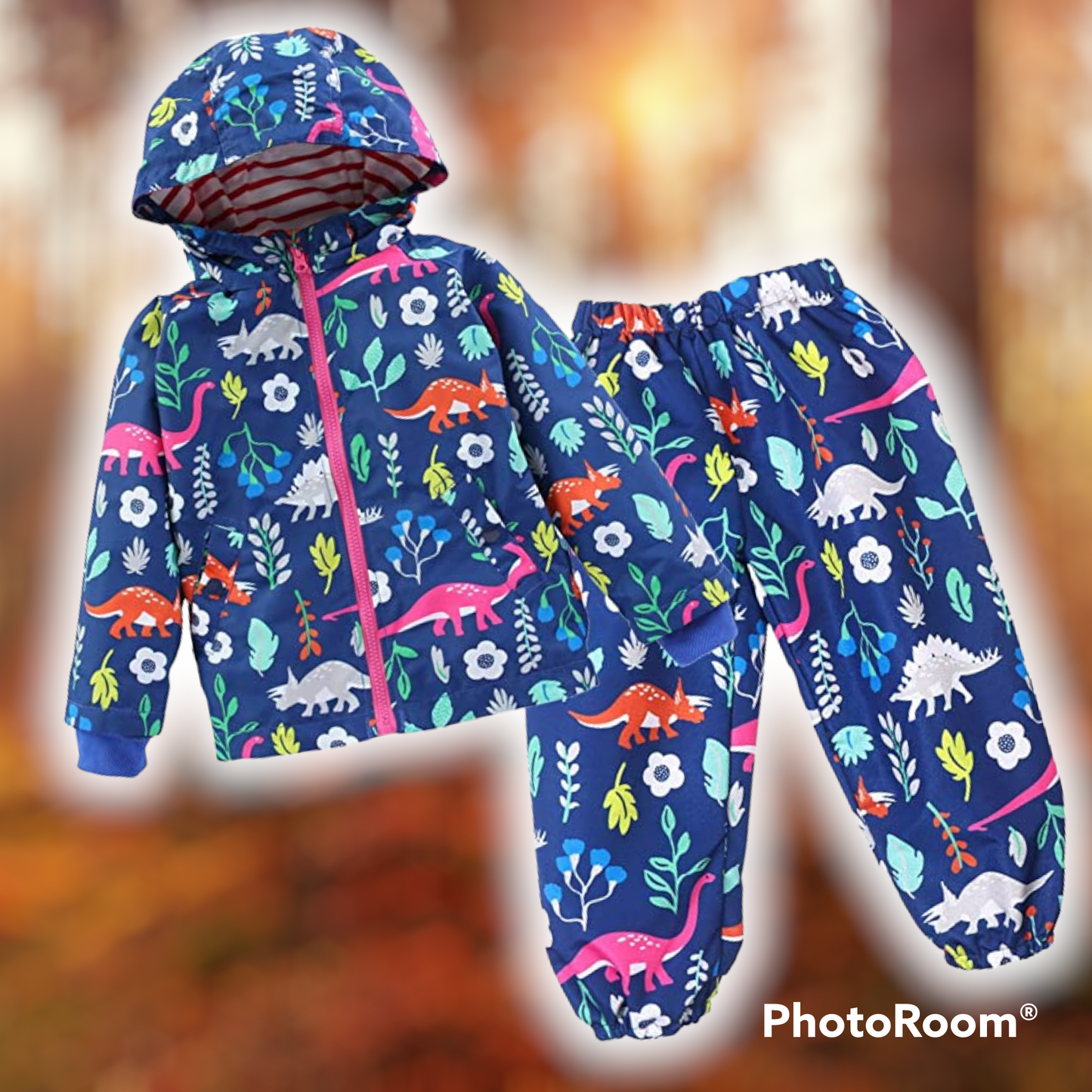 Toddler Boys or Girls Waterproof Raincoat Hooded Jacket Dinosaur Coat & Pants Suit