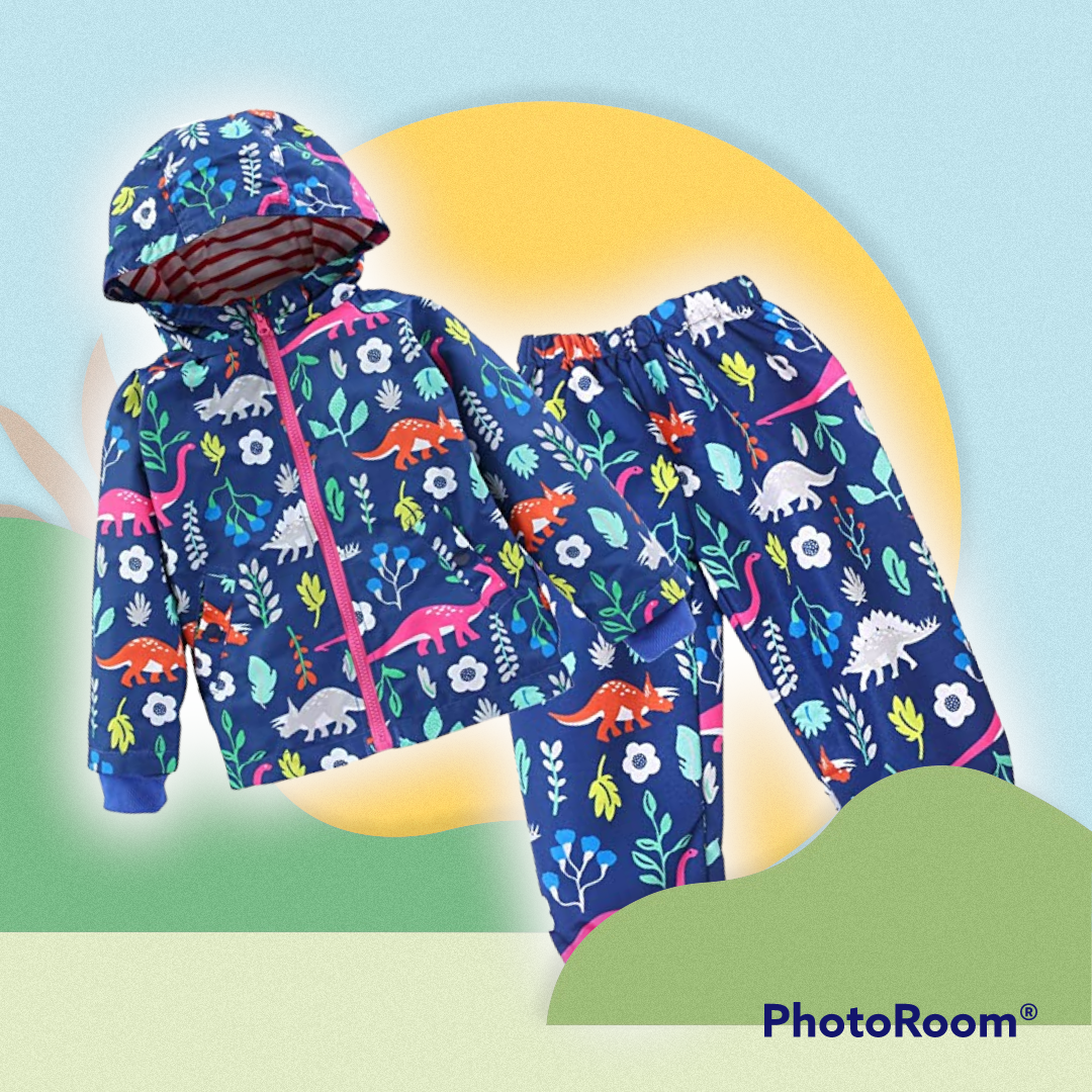 Toddler Boys or Girls Waterproof Raincoat Hooded Jacket Dinosaur Coat & Pants Suit