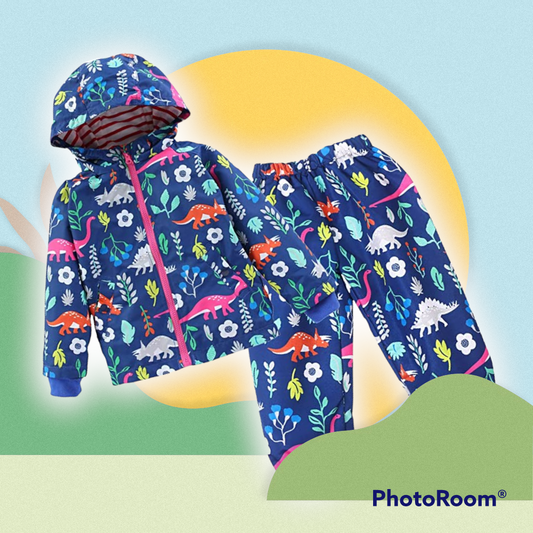 Toddler Boys or Girls Waterproof Raincoat Hooded Jacket Dinosaur Coat & Pants Suit