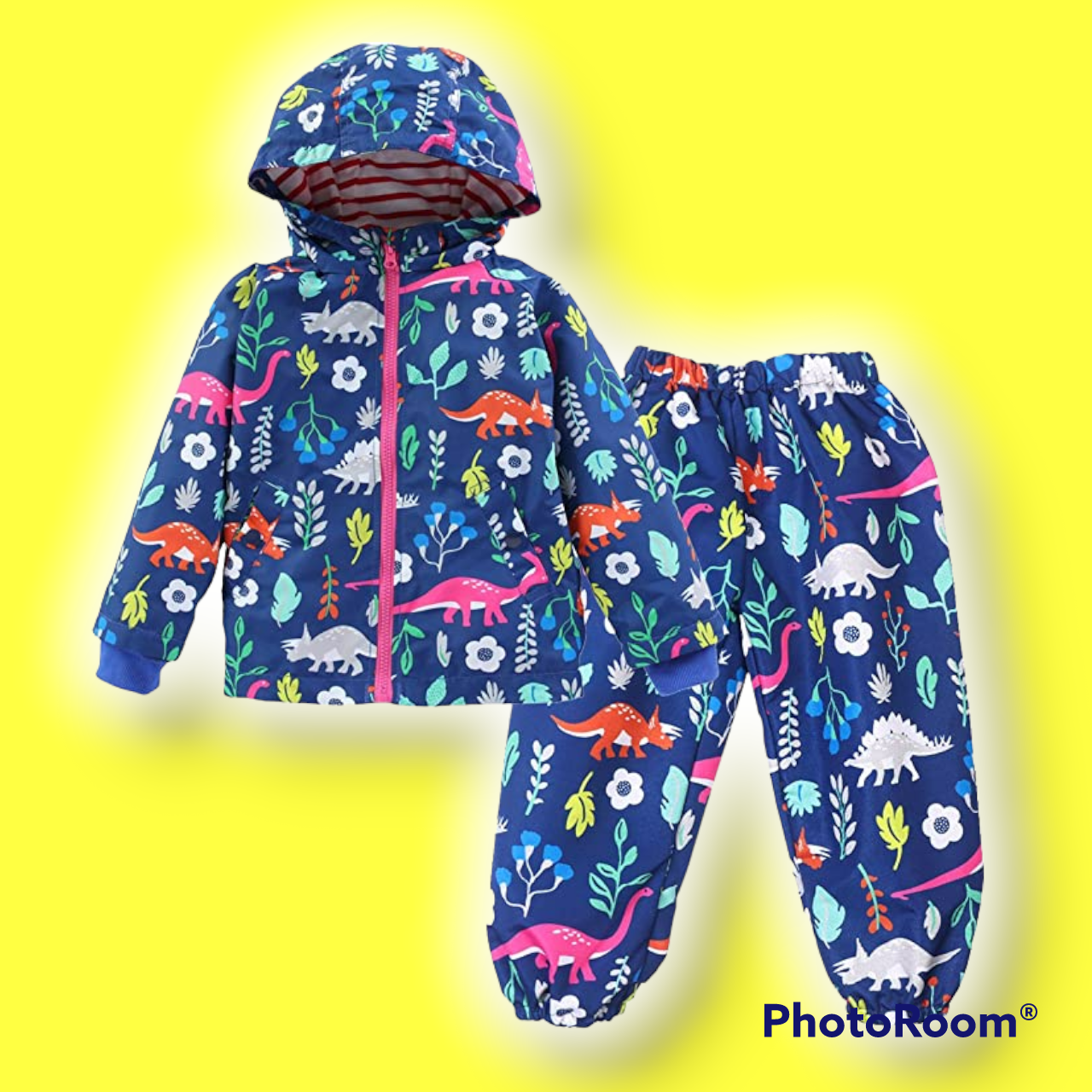 Toddler Boys or Girls Waterproof Raincoat Hooded Jacket Dinosaur Coat & Pants Suit
