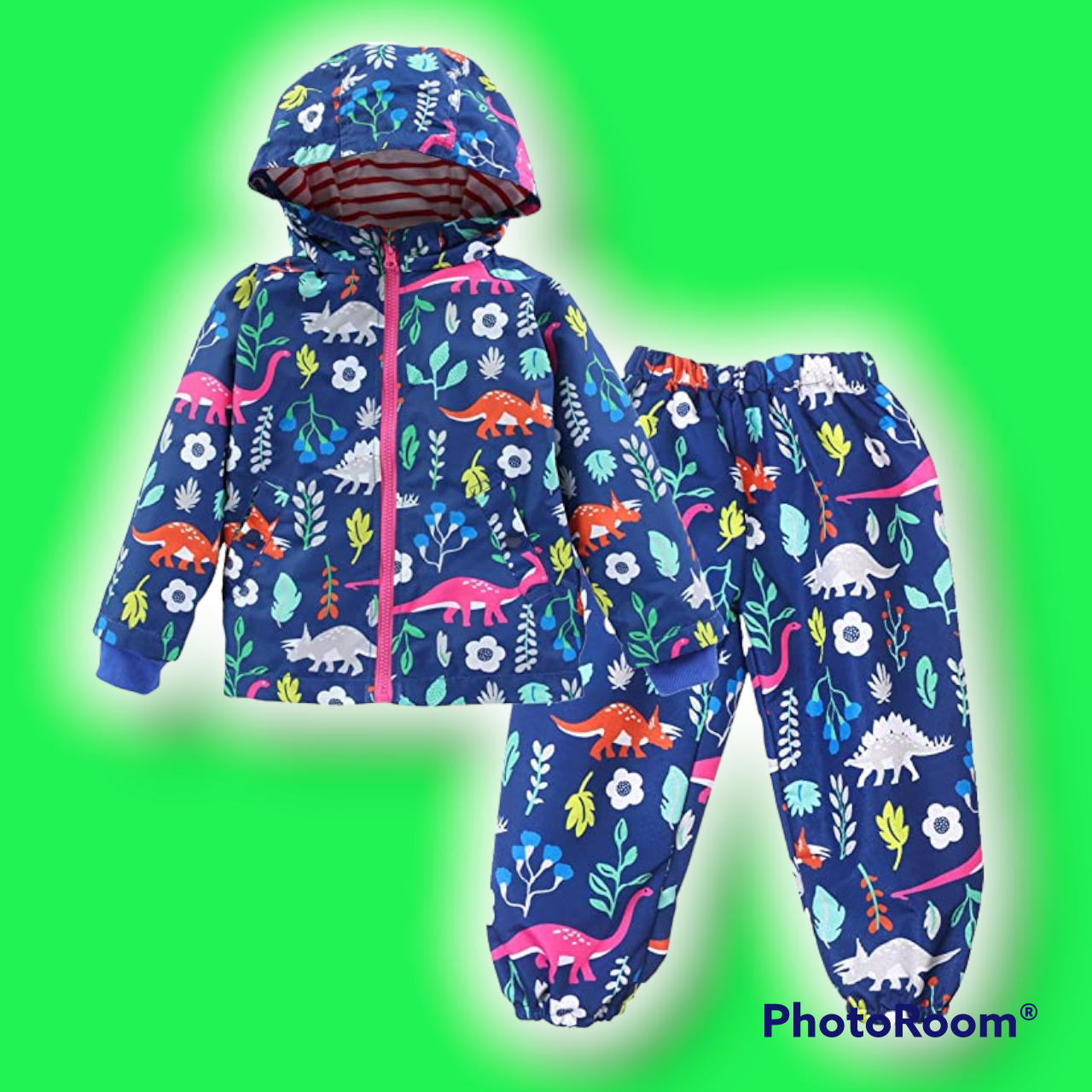 Toddler Boys or Girls Waterproof Raincoat Hooded Jacket Dinosaur Coat & Pants Suit