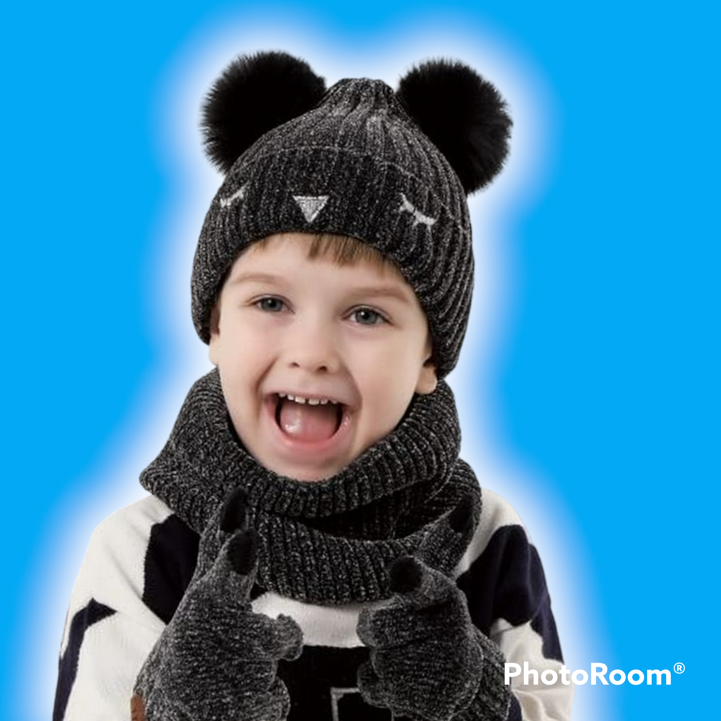 3pcs kids hat scarf gloves set super soft, age 5-10 with warm fleece lin pom poms beanie touchscreen gloves and loop scarf