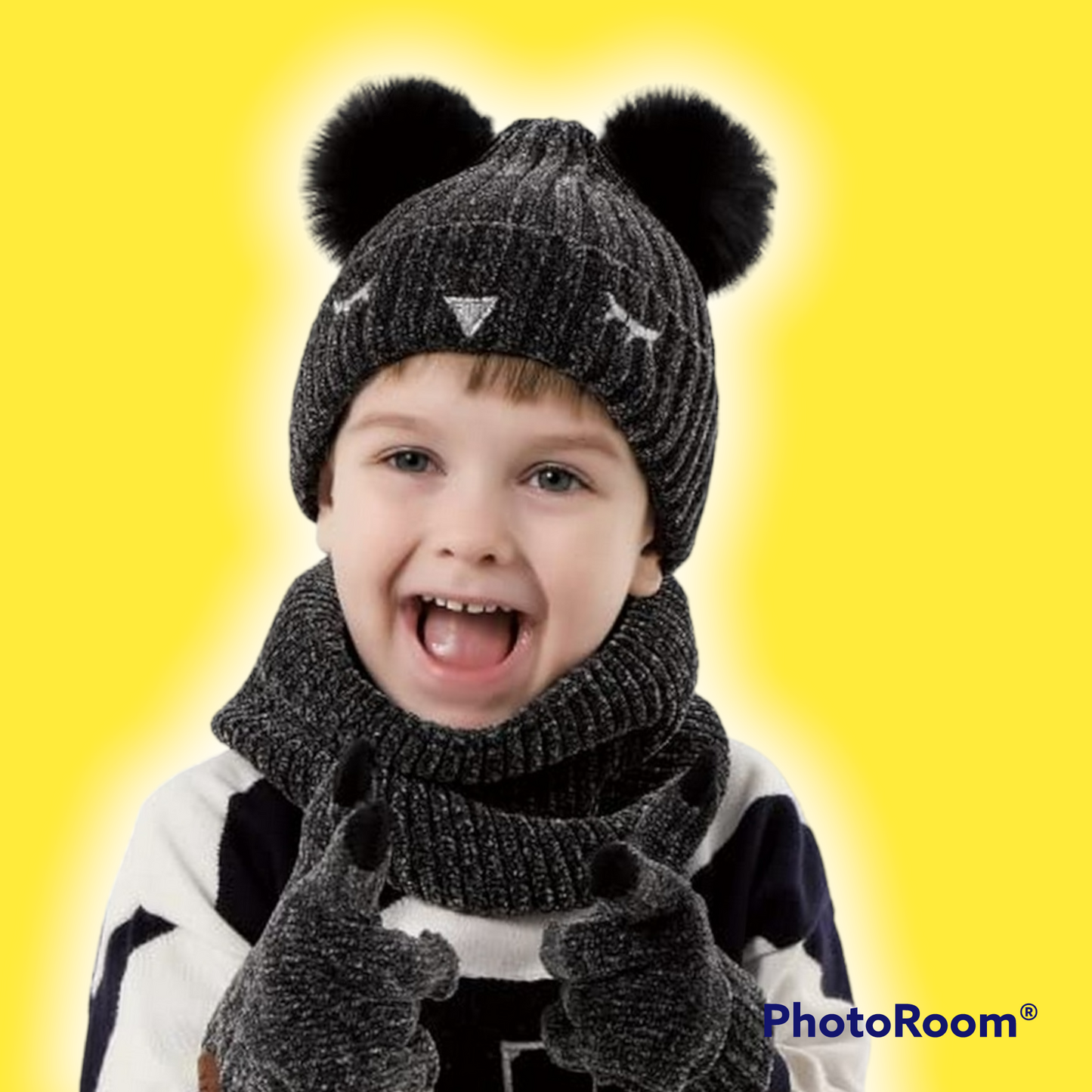 3pcs kids hat scarf gloves set super soft, age 5-10 with warm fleece lin pom poms beanie touchscreen gloves and loop scarf