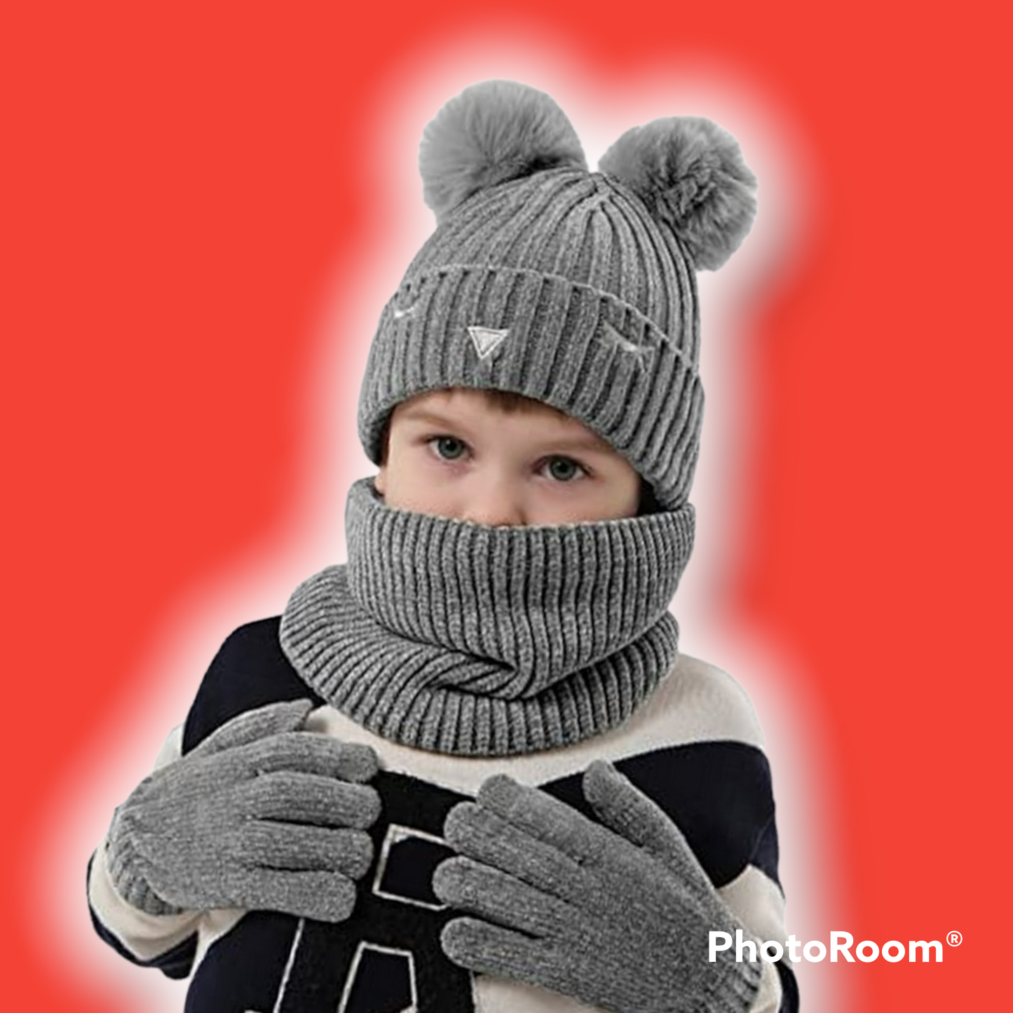 3pcs kids hat scarf gloves set super soft, age 5-10 with warm fleece lin pom poms beanie touchscreen gloves and loop scarf