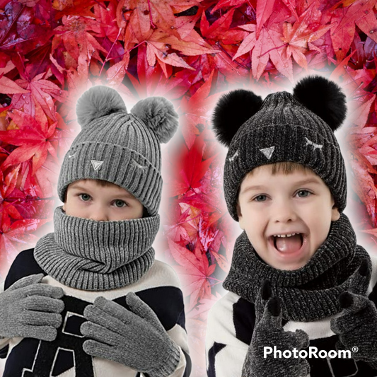 3pcs kids hat scarf gloves set super soft, age 5-10 with warm fleece lin pom poms beanie touchscreen gloves and loop scarf