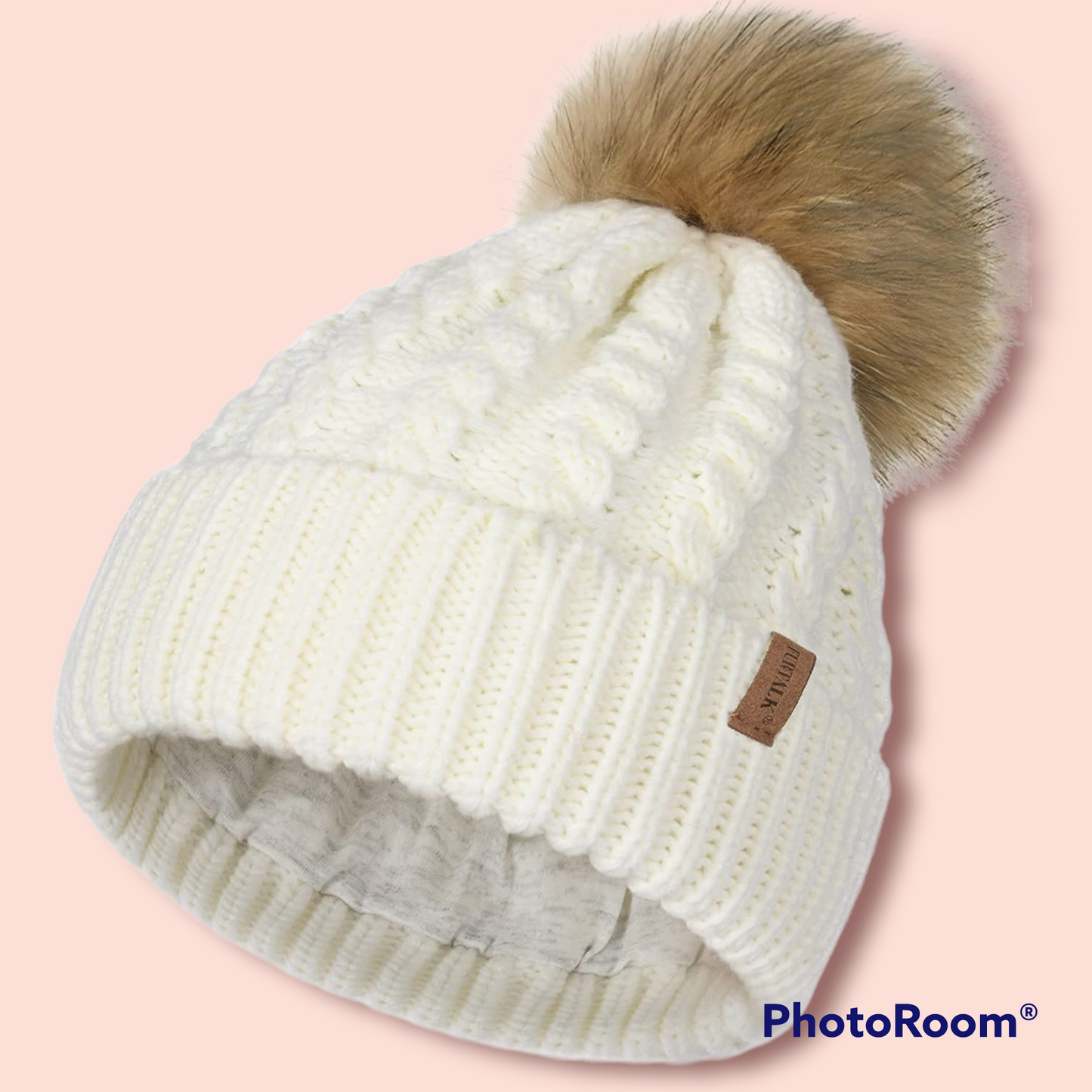 Furtalk wooly hat for women or men cable knitted bobble winter hat. Warm double layer fleece lining detachable pom pom wooly cap