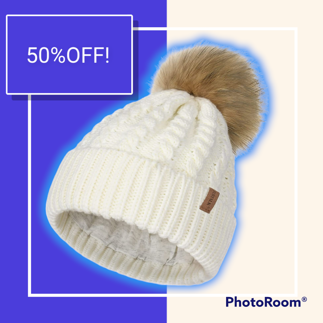 Furtalk wooly hat for women or men cable knitted bobble winter hat. Warm double layer fleece lining detachable pom pom wooly cap